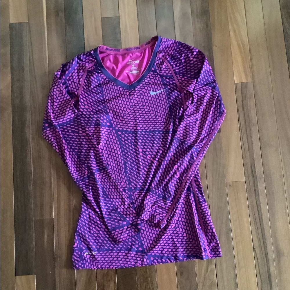 Nike Pro Dri-Fit Womens V-Neck Long Sleeve Fitted Base Layer Top Purple Small